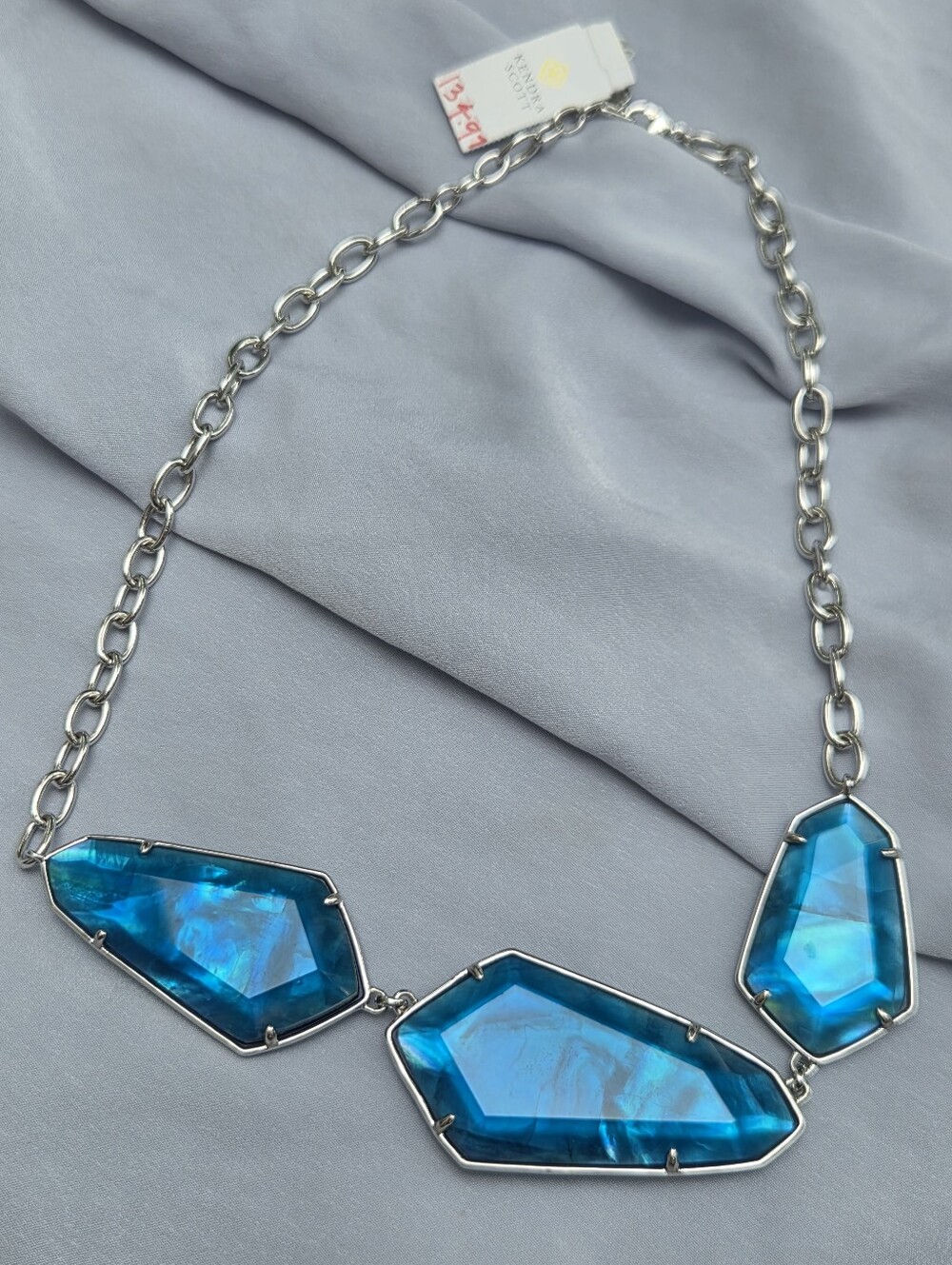 NWT Kendra Scott Violet Agate Peacock Blue Illusion Silver Statement Necklace
